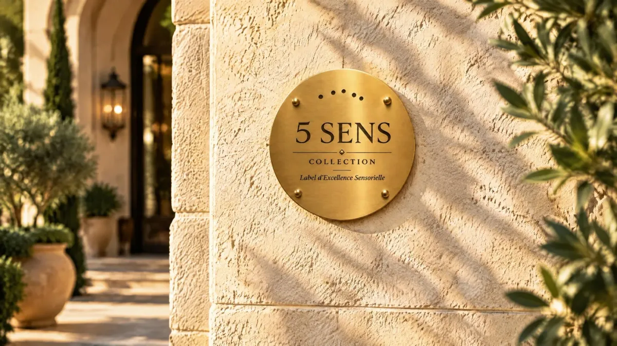 La plaque 5 Sens Collection, telle qu'elle est apposée à l'entrée d'une maison labellisée